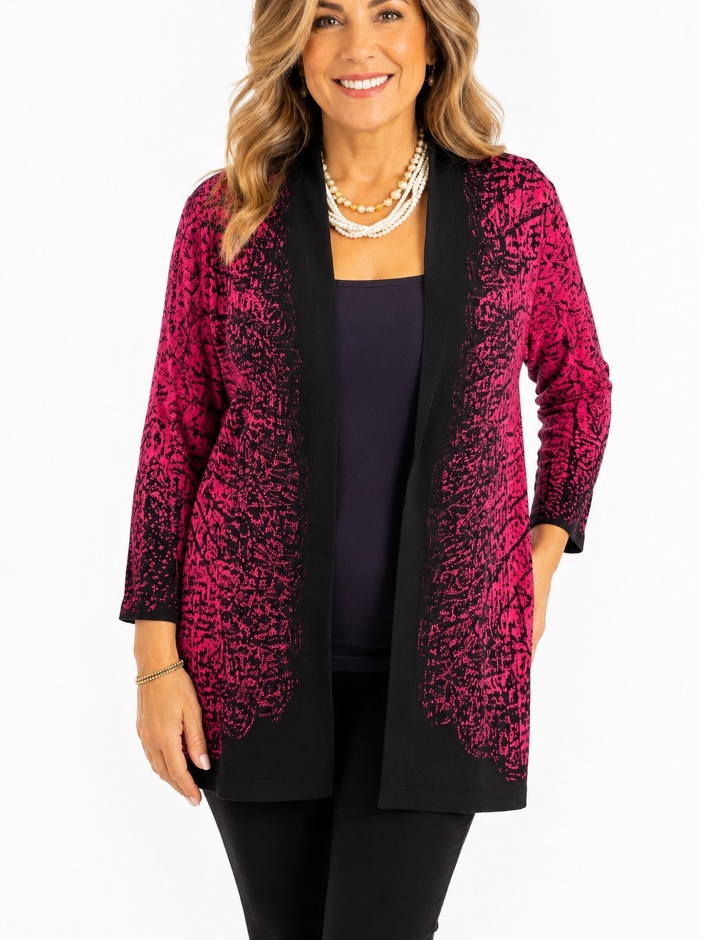Ming Wang 3X Pink Black Textured Knit Open Front Cardigan Jacket Plus Size
